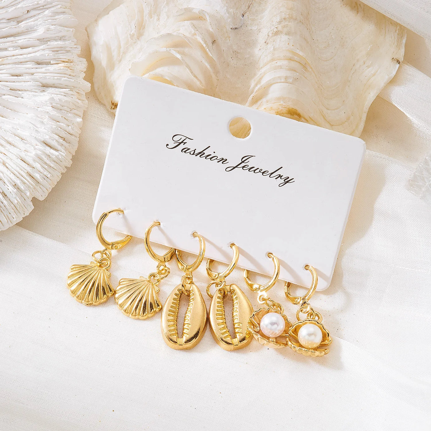 Starfish, Scallop and Pearl Boho Earring Set (6 Pieces)