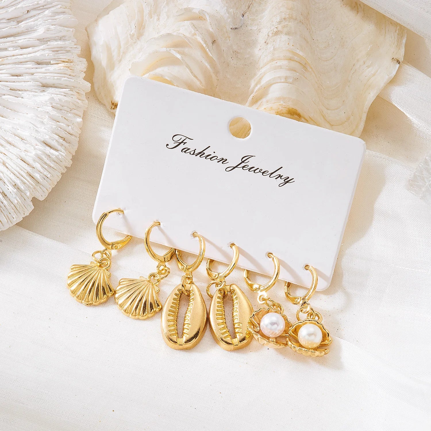 6Pcs Boho Starfish Shell Scallop Earring Set For Women Imitation Pearl Metal Geometric Earring Beach Party Versatile Jewelry
