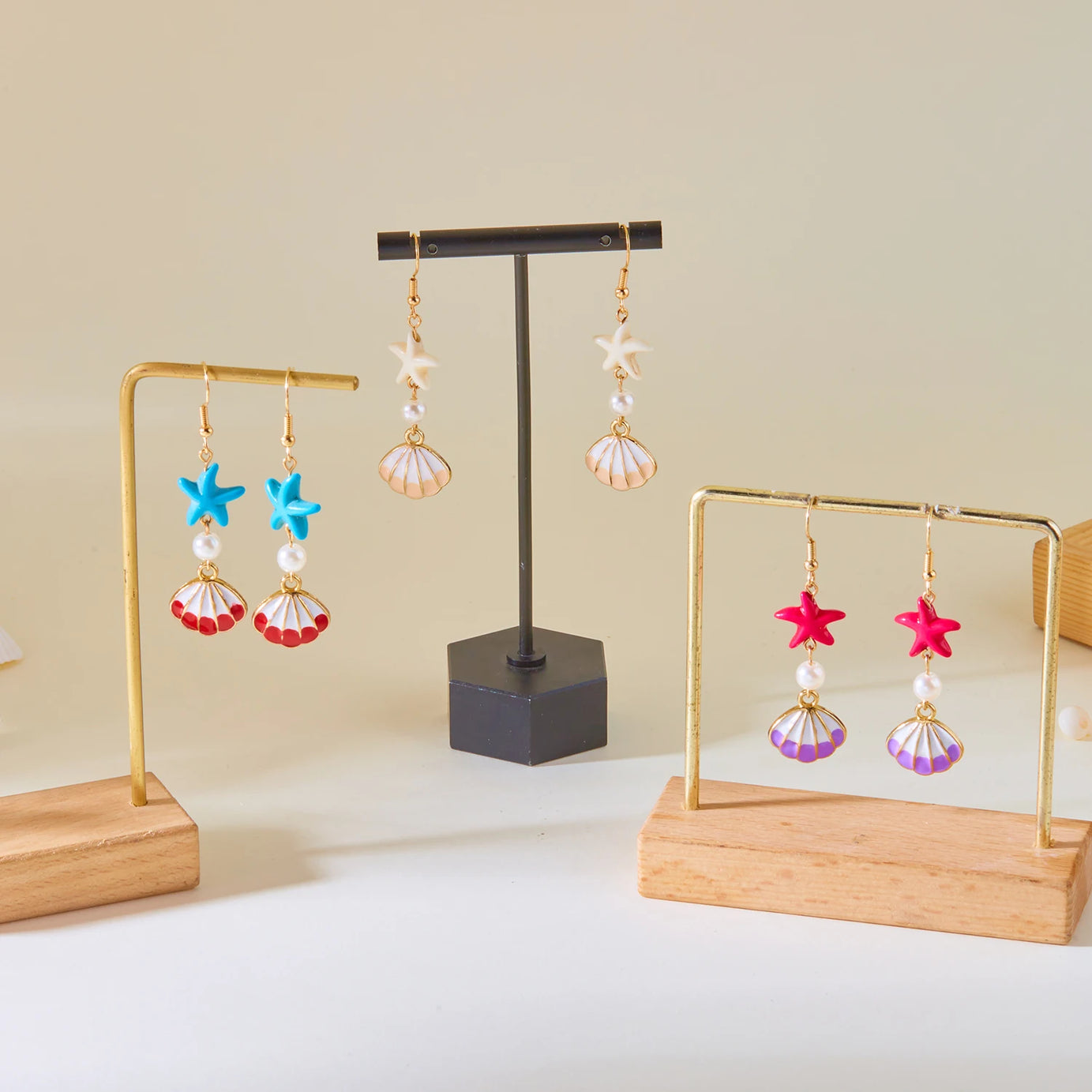 Ocean Style Shell, Starfish and Conch Enamel Drop Earrings