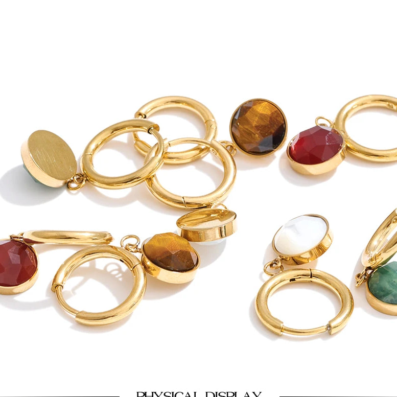 Natural Stone Round Drop Earrings, Tiger Eye Red Agate Stainless Steel Jewelry