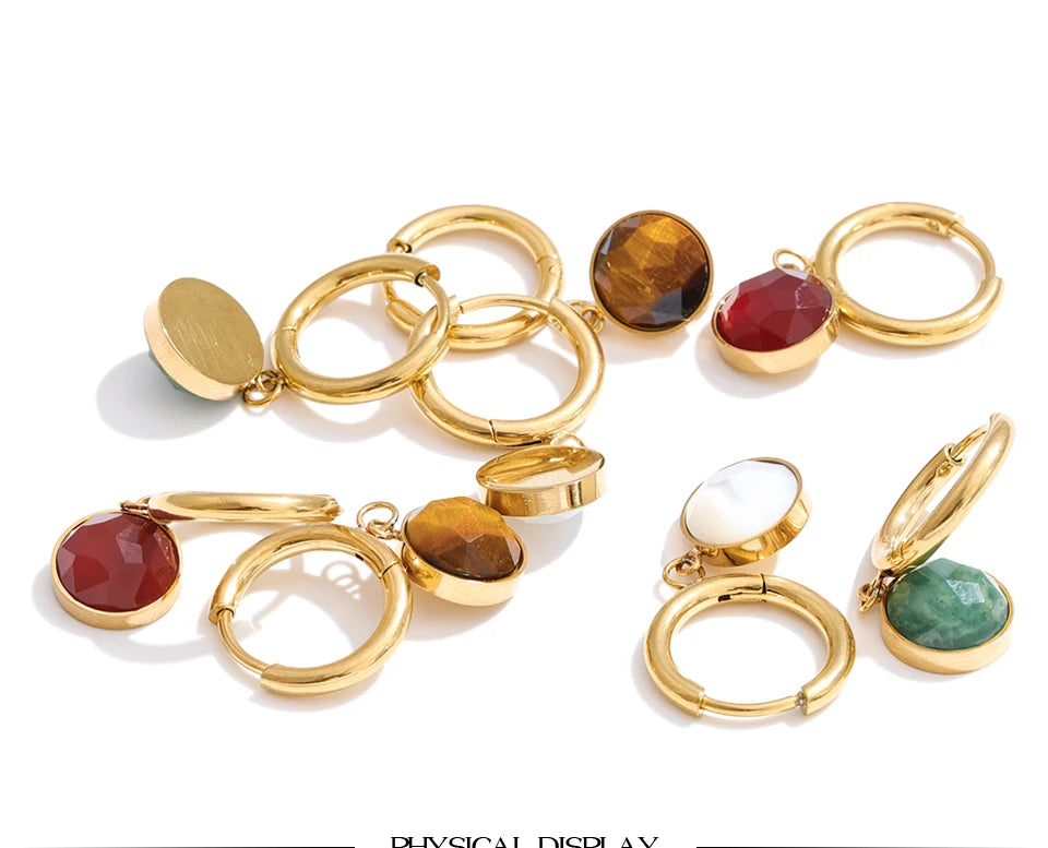 Yhpup Stainless Steel Tiger Natural Stone Red Agate Round Drop Charm Earrings France High Quality Classic Chic Fashion Jewelry