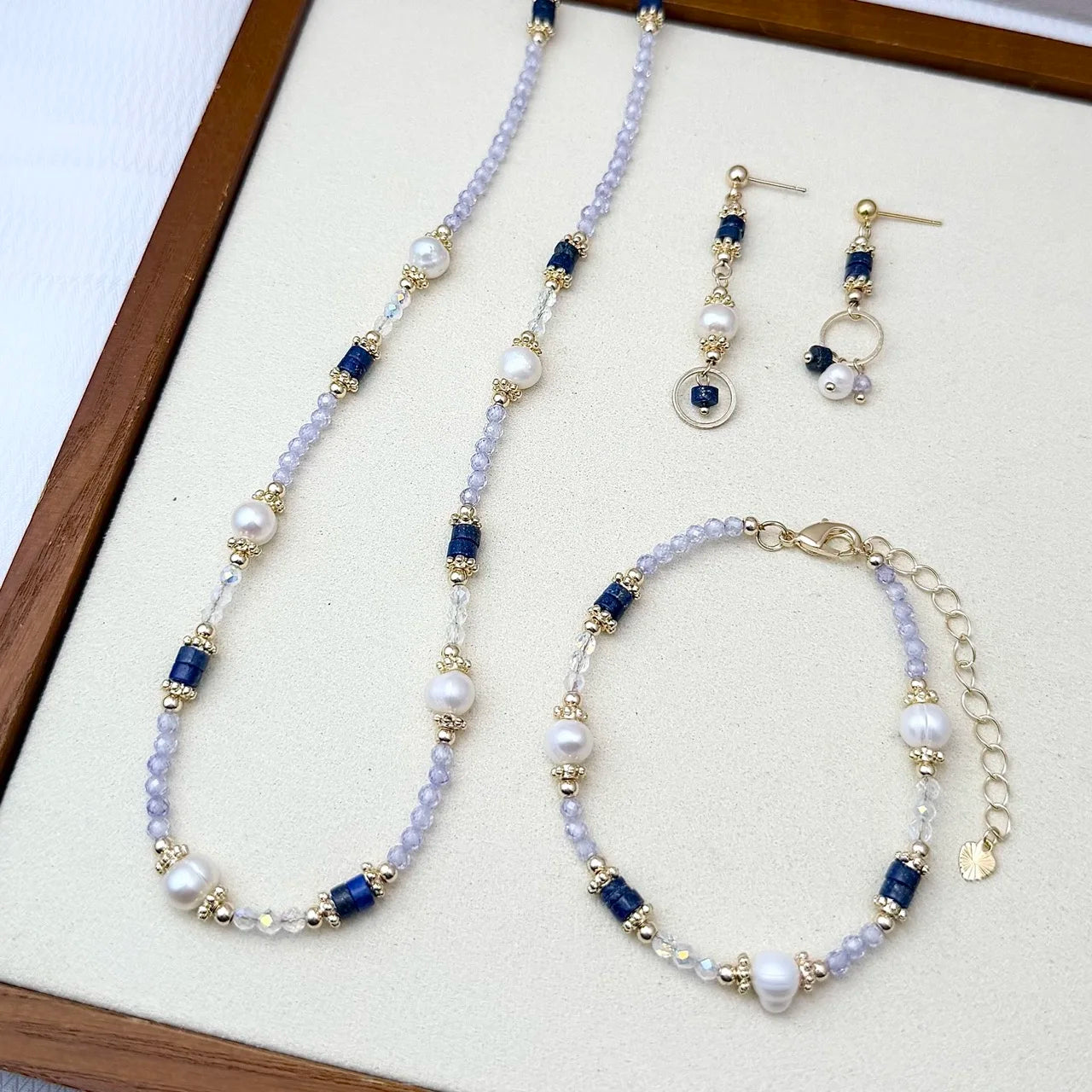 Lapis Lazuli Lavender Crystal Zircon & Freshwater Pearl Jewelry Set Necklace Bracelet Earrings 3 Piece Set Luxury High-End Style