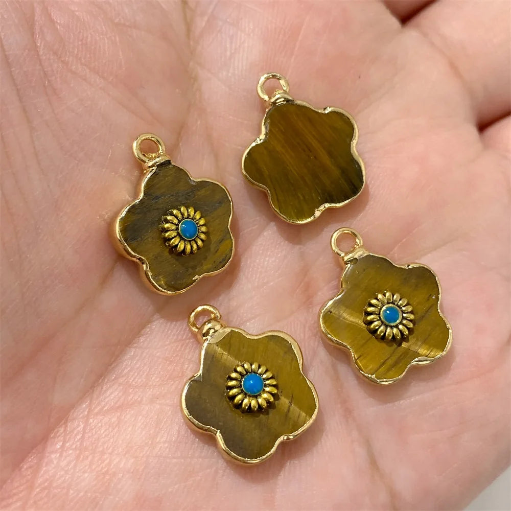 2pcs Natural Stone Flower Charms Tiger Eye Lapis Lazuli Flower Pendant For Jewelry Making Necklace DIY Earrings Bracelet15x20mm