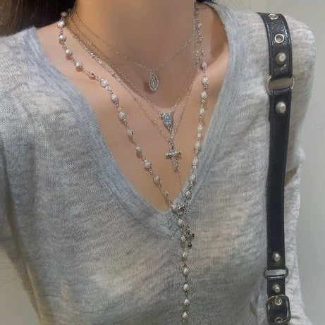 Cross Pendant Pearl Stacked Multilayer Necklace Jewelry