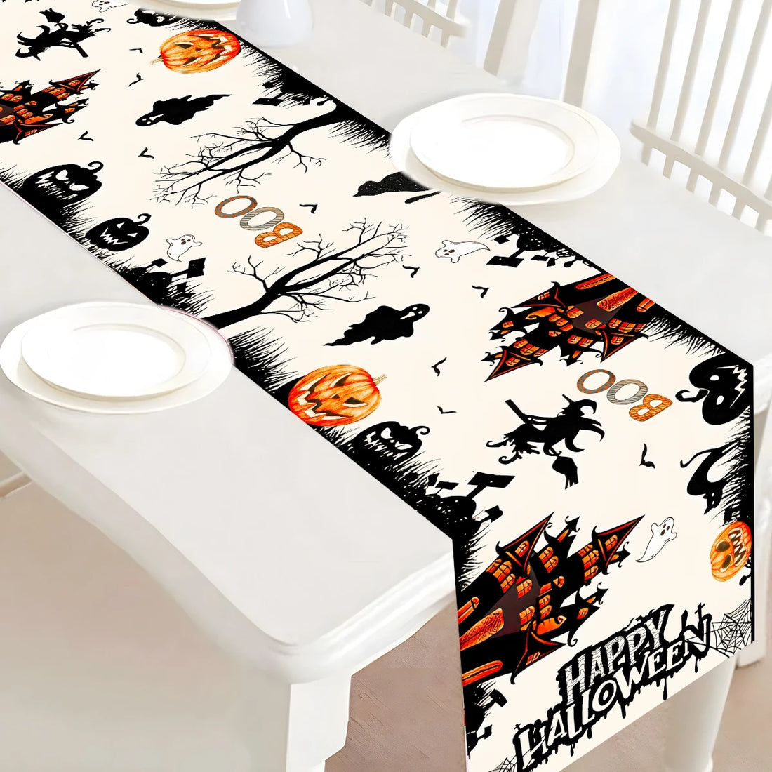 Halloween Table Runner Happy Halloween Party Decorations For Home 2024 Ghost Pumpkin Witch Bat Kitchen Dining Table Runner - Charlie Dolly