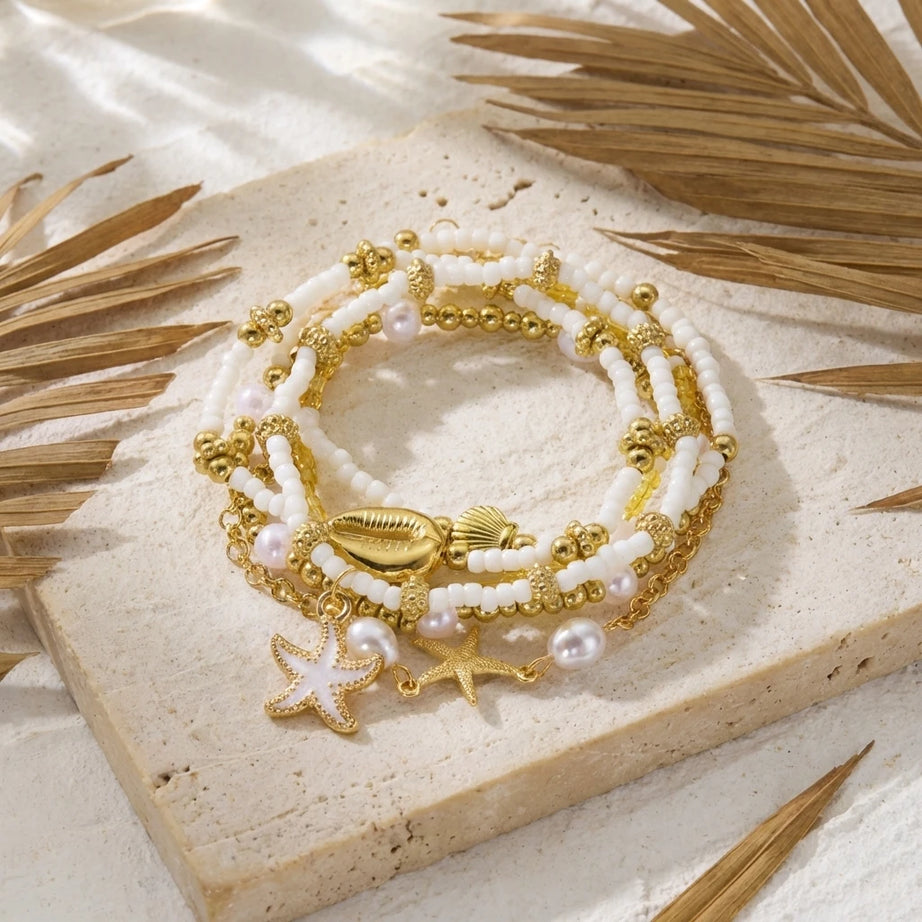 Shell and Starfish Pearl Beaded Stackable Bracelet Set (6 Pieces)