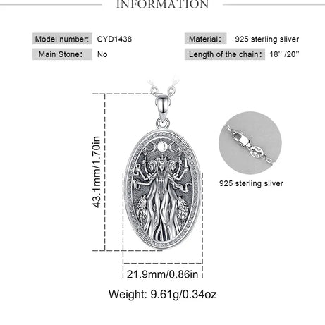 Triple Moon Goddess Hecate Hound Necklace, S925 Sterling Silver