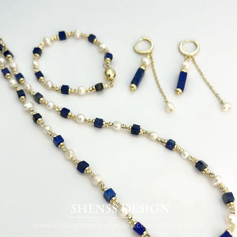 Natural Freshwater Pearl Necklace 4X4 lapis lazuli Bracelet Earring Plated 14K Gold Accessories - Charlie Dolly