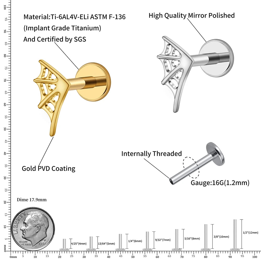 Right Grand ASTM F136 Titanium 16G Spider Web Stud Earring Halloween Internally Threaded Helix Cartilage Tragus Lip Piercing - Charlie Dolly