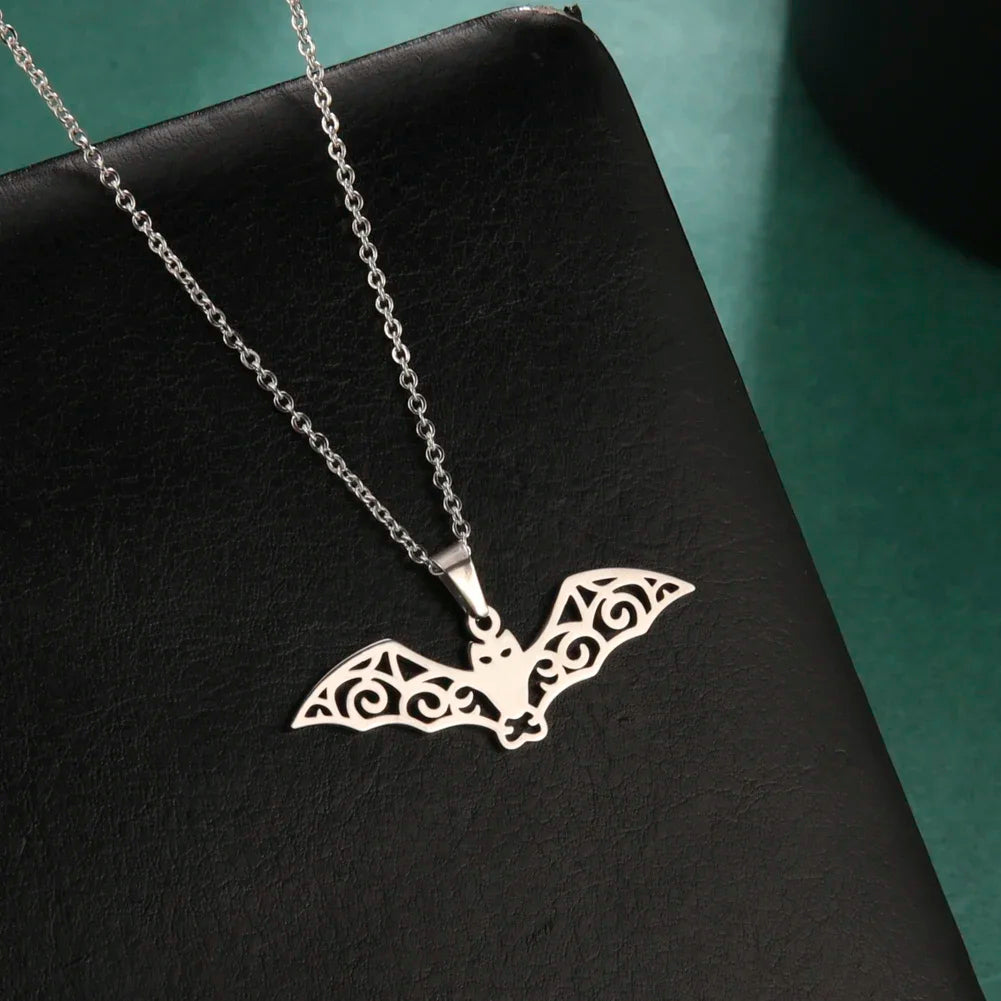 Skyrim Hollow Pattern Bat Stainless Steel Necklace for Women's Fashion Retro Punk Gothic Halloween Animal Hip Hop Jewelry Gift - Charlie Dolly