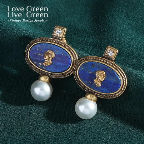 Vintage Lapis Lazuli Head Oval Stud Earring For Woman Accessories Pearl Gold Color Luxury Jewelry Designers Brand Thanksgiving - Charlie Dolly