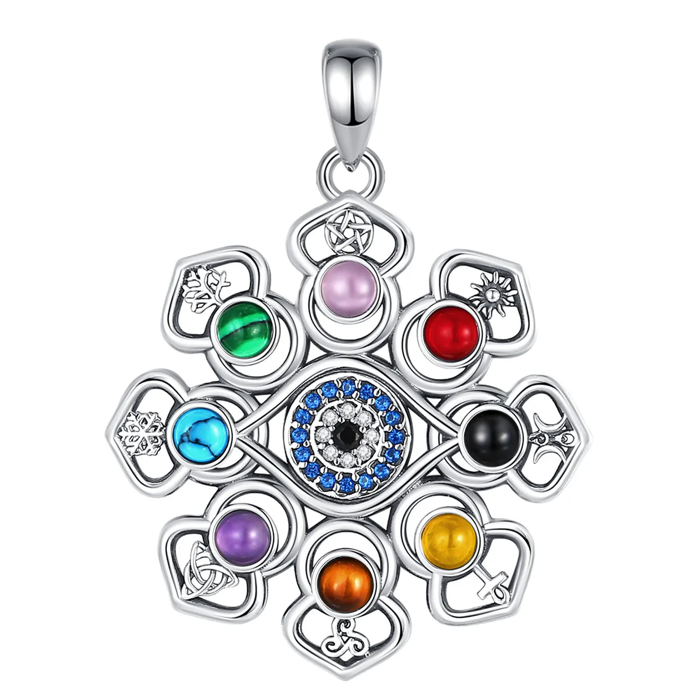S925 Silver Lotus, Evil Eye & Pentagram Pendant, Sacred Protection Amulet