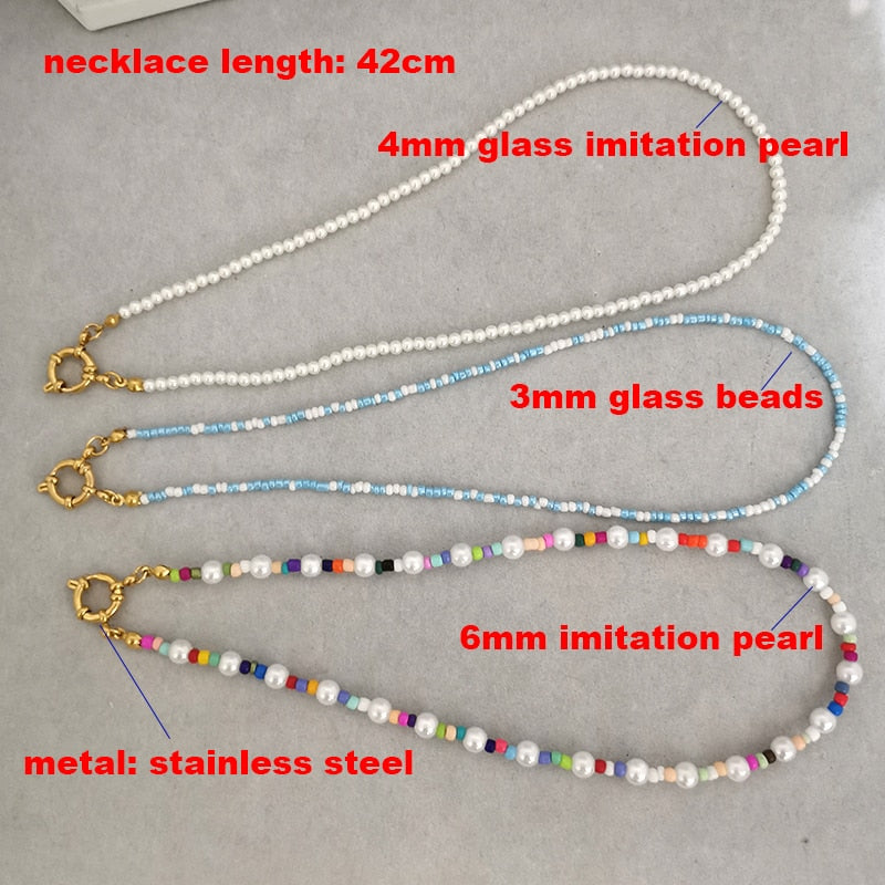 QMHJE Imitation Pearl Necklace Women Choker Seed Beads Rainbow Stainless Steel Clasp Sailor Buckle Base Chain Gold Color Boho - Charlie Dolly