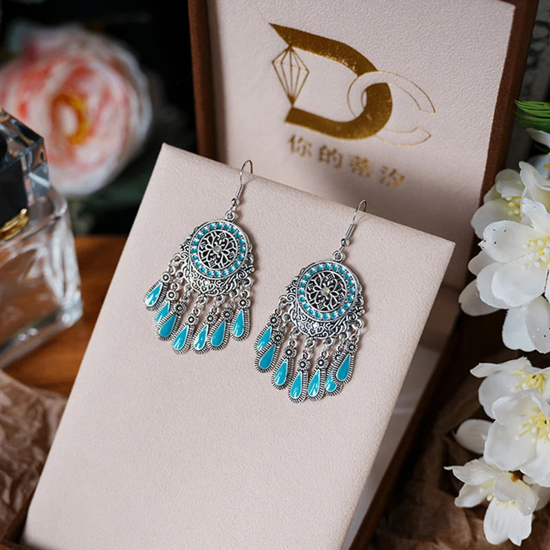 Blue Fashion Boho Temperament Water Drop Feather Earrings for Women Long Crystal Rhinestone Drop Oil Dangle Earring Jewelry