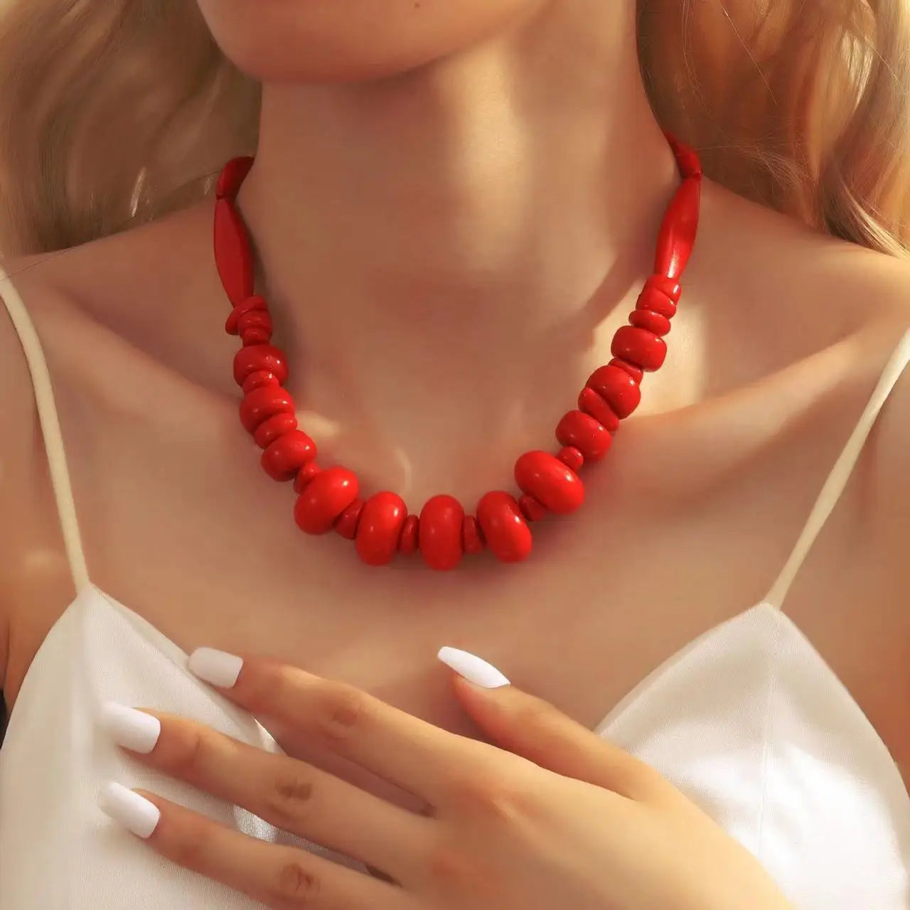 Red Resin Coral Double Layer Necklace Jewelry
