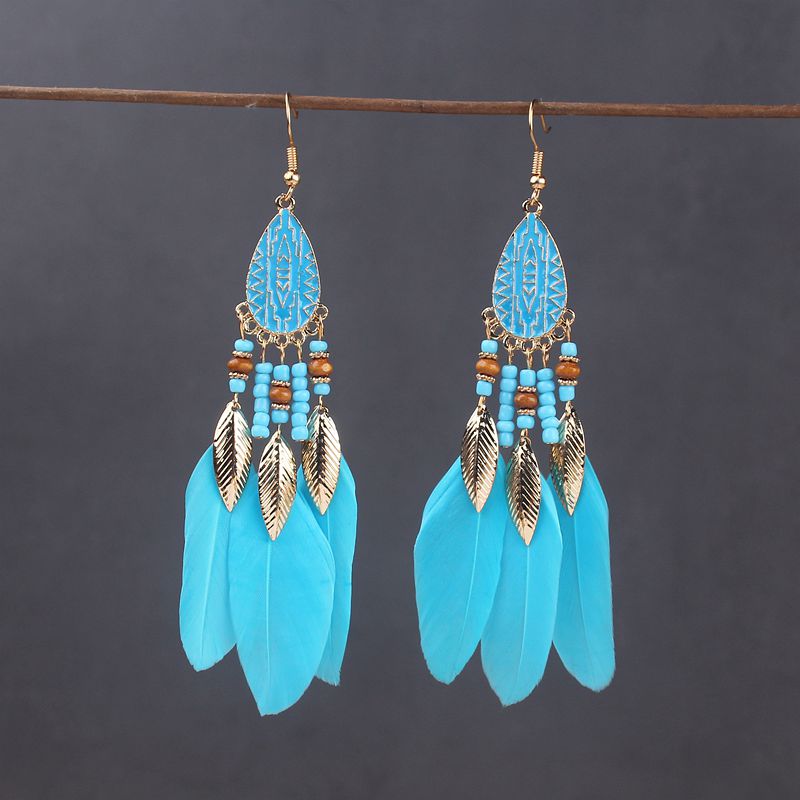 Boho Long Feather Dangle Women's Earrings Beach Long Tassel Beads Handmade Flower Enamel Earrings Bride Wedding Pendientes Mujer - Charlie Dolly