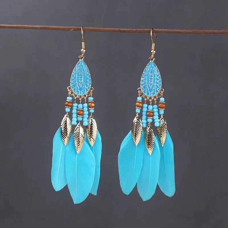 Boho Long Feather Dangle Women's Earrings Beach Long Tassel Beads Handmade Flower Enamel Earrings Bride Wedding Pendientes Mujer