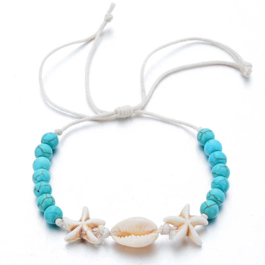 Starfish Shell and Turquoise Woven Wax Rope Bracelet