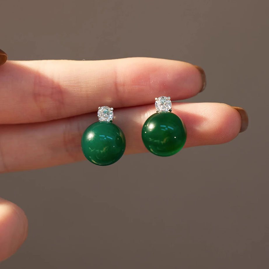 Green Jade & CZ Drop Earrings, Luxury Natural Stone Office Boho Jewelry