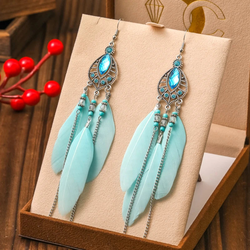 Blue Fashion Boho Temperament Water Drop Feather Earrings for Women Long Crystal Rhinestone Drop Oil Dangle Earring Jewelry