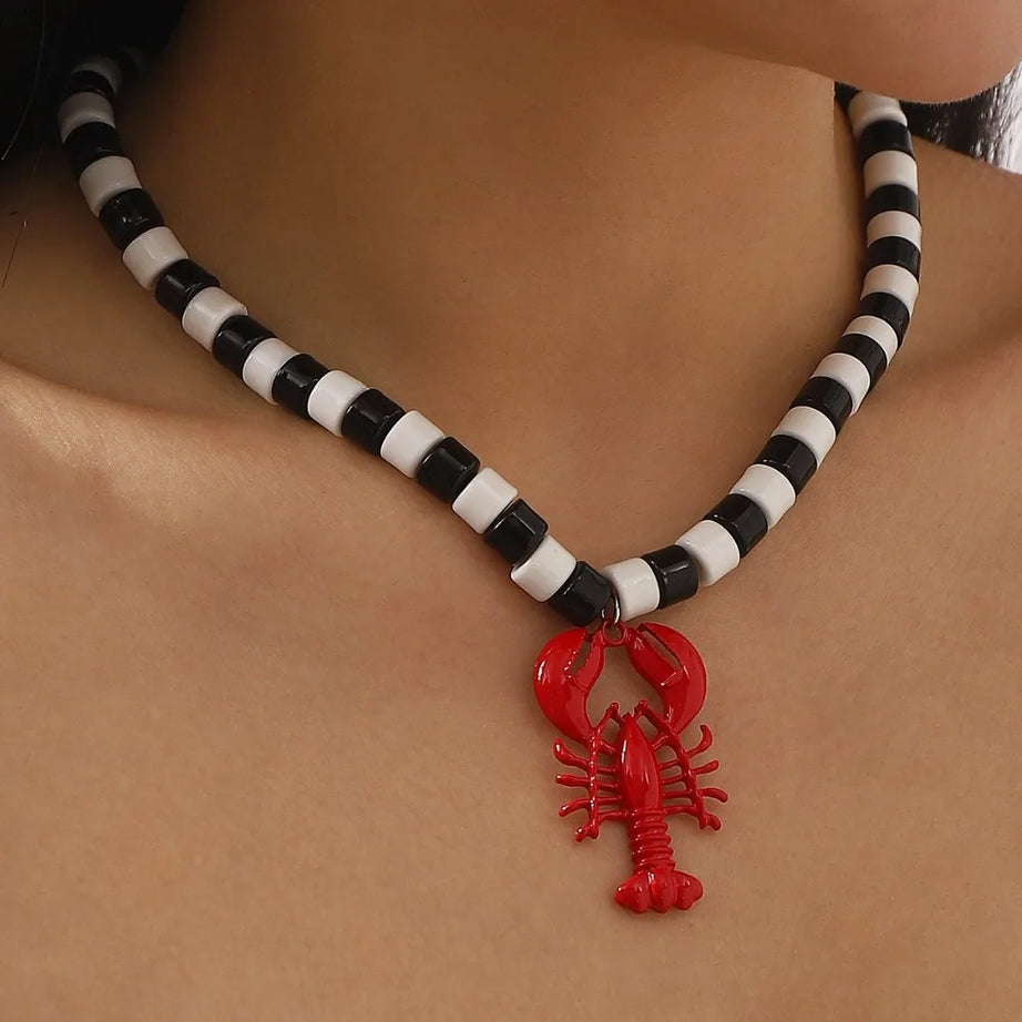 Handmade Lobster Stone Beaded Necklace and Earring Set