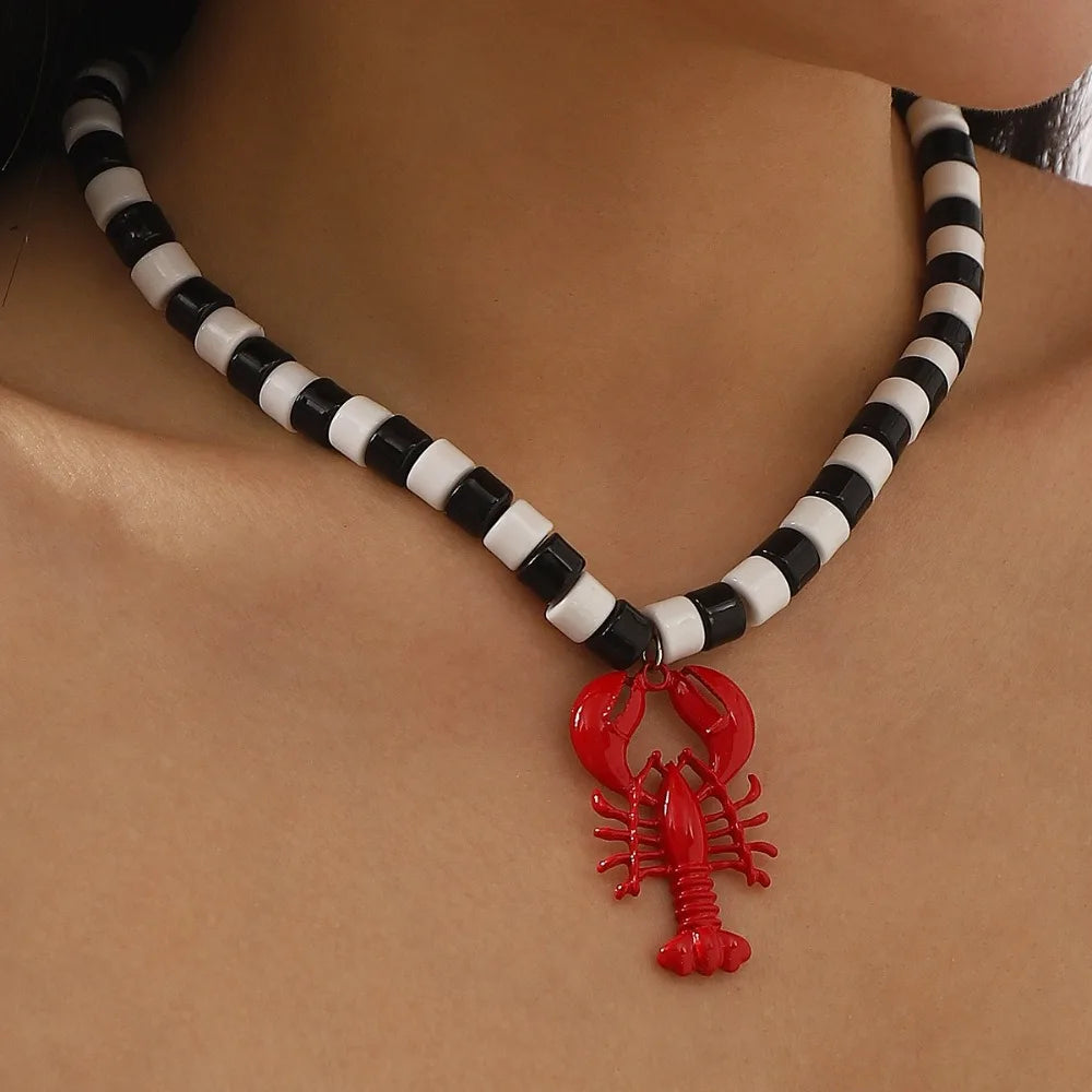 Boho Handmade Lobster Earrings Stone Beaded Enamel Necklace Lobster Metal Shells Earring for Women Summer Beach Popular Jewelry