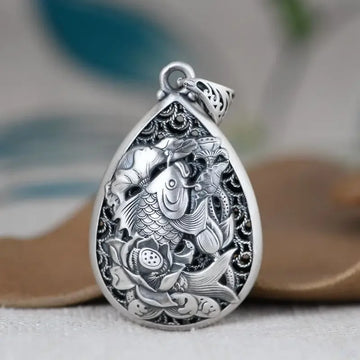 Classic New in Vintage 925 Silver National Style Engraved Lotus Flower Droplet Drop Pendant Necklace Keel Chain Charm Jewelry