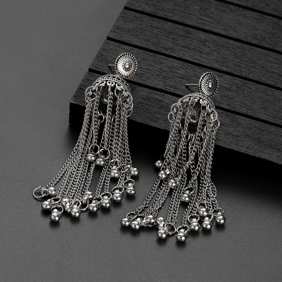 Silver Chain Tassel Bell Long Earrings Jewelry