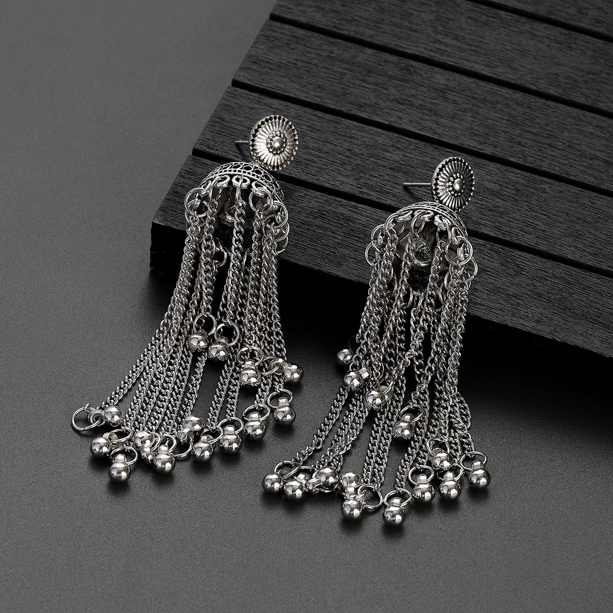 Ethnic Silver Color Long Metal Chain Tassel Earrings Female Retro Round Bell Dangle Earrings Boho Geometric Piercing Ear Jewelry