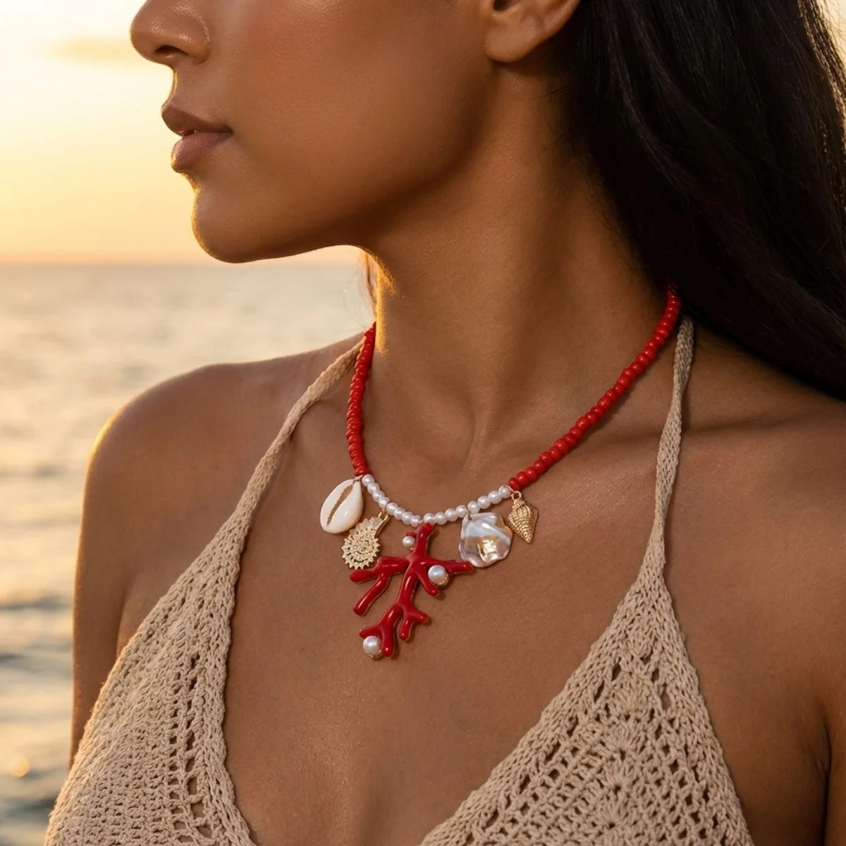 Summer Rice Beads Resin Coral Shell Pendant Necklace For Women Men Boho Summer Conch Choker Vacation Party Fashion Jewelry Gifts