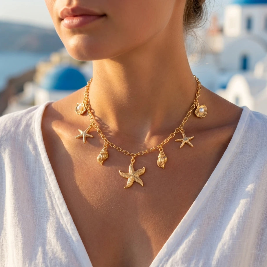 Starfish Shell Pearl Tassel Choker Necklace Jewelry