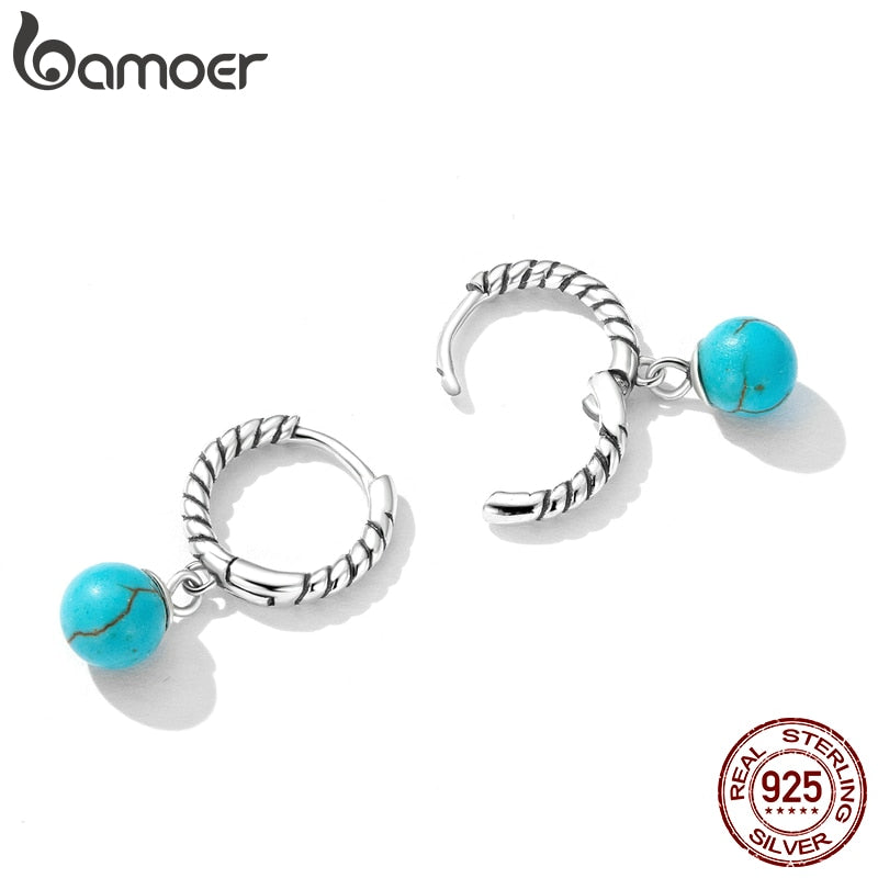 Bamoer 925 Sterling Silver Round Beads Drop Earrings for Women Fine Jewelry Vintage Turquiose Ear Buckles Girl Wedding Gift - Charlie Dolly