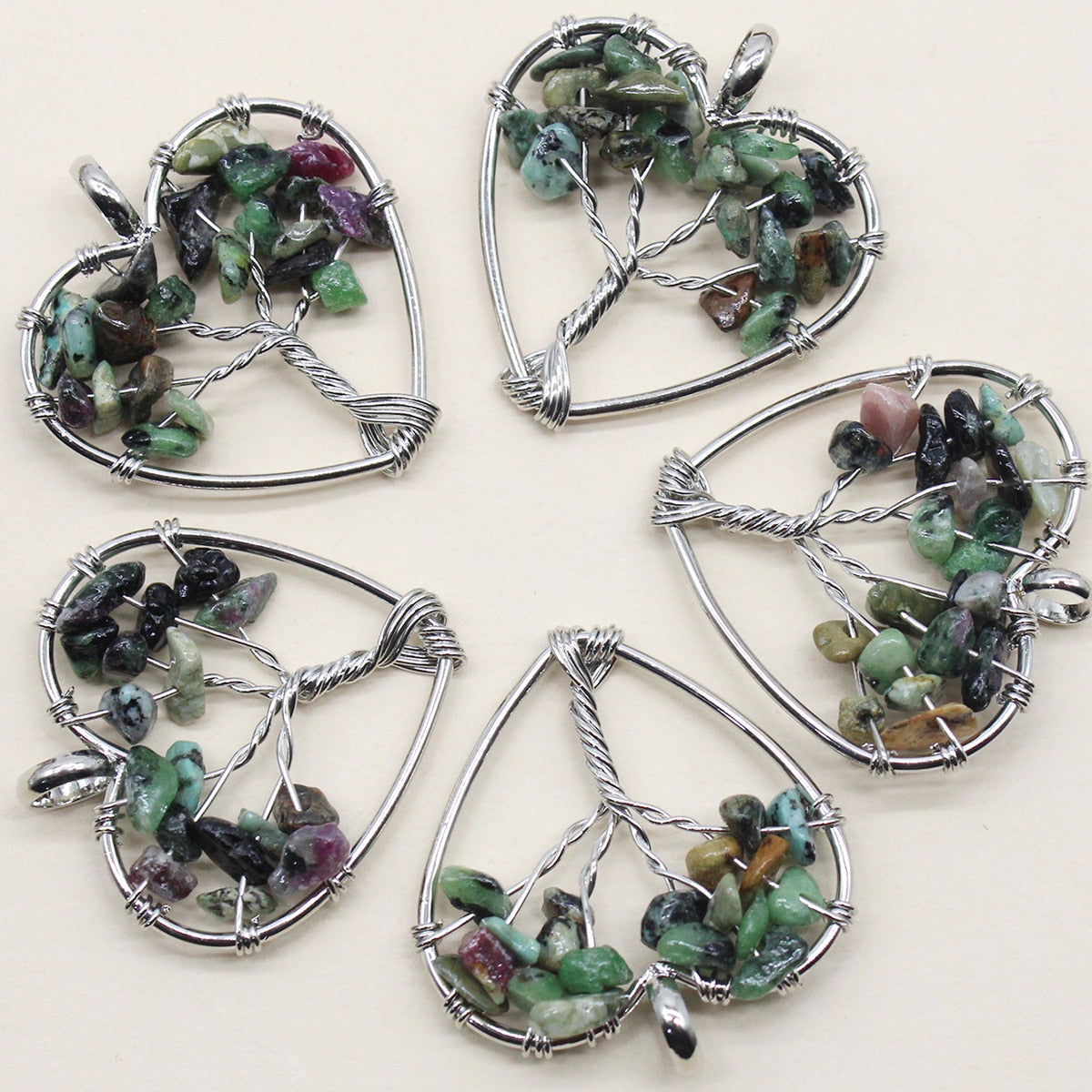 7 Chakra Natural Stone Tree of Life Pendant Necklace Handmade Heart Quartz Crystal Pendant DIY Accessories 10Pcs Wholesale - Charlie Dolly