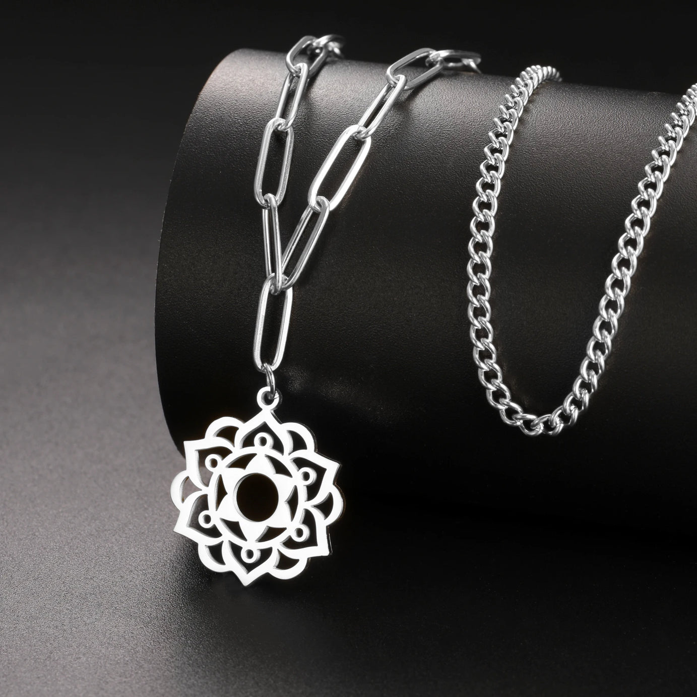 Yoga Lotus & Flower of Life Pendant Necklace, Stainless Steel Chakra Healing Amulet