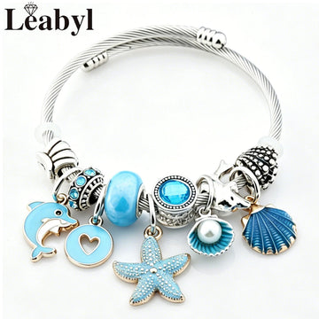 Boho Blue Enamel Dolphin Starfish Shell Bead Pendant Bracelet Silver Color Marine Life DIY Charm Jewelry for Summer Holiday Gift
