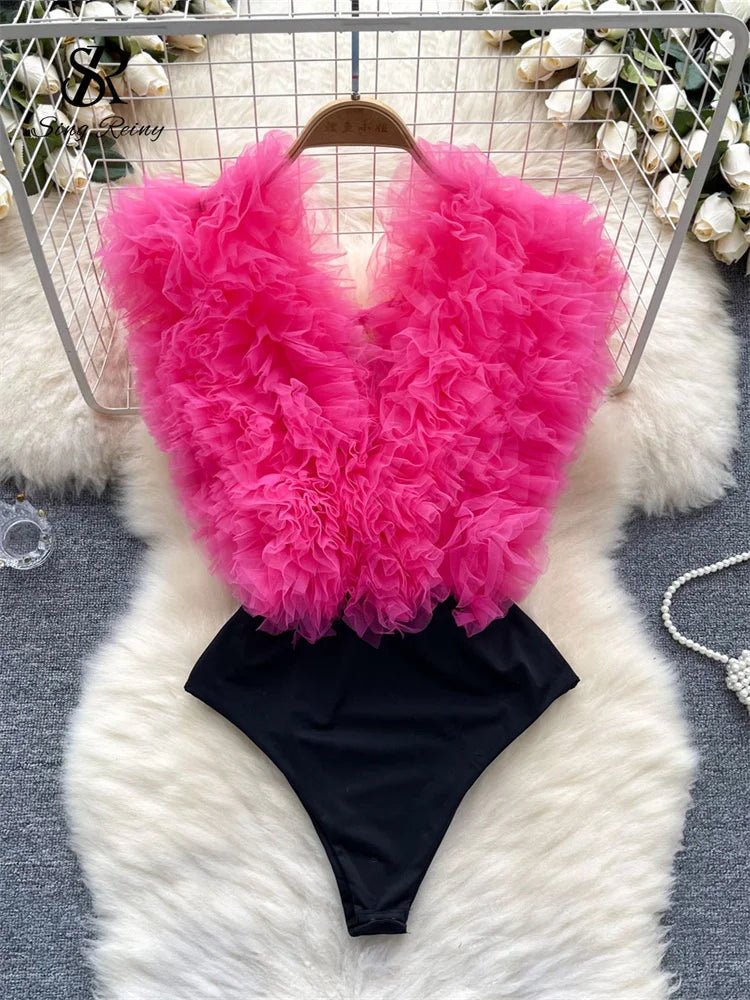 SINGREINY Sexy 3D Flowers Spliced Sheath Bodysuits Club Lace Up V Neck Playsuits Fashion Streetwear Backless Sensual Rompers - Charlie Dolly