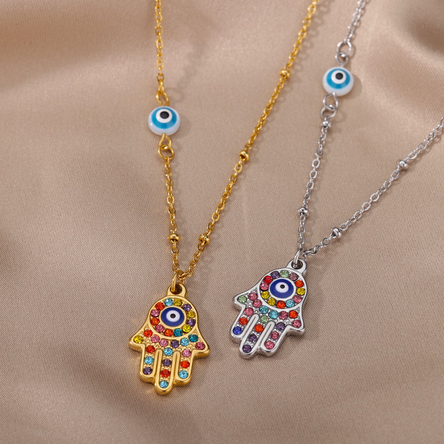 Zircon Evil Eye Pendant Necklace For Women Stainless Steel Vintage Turkish Eye Fatima Hand Choker Collar New In Goth emo Jewelry