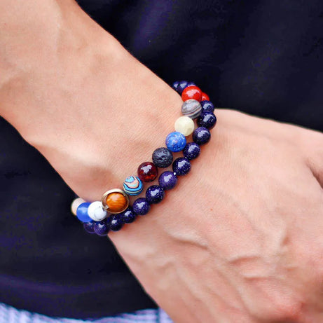 Eight Planets Solar System Beaded Bracelet, Lava & Lapis Lazuli Chakra Stones
