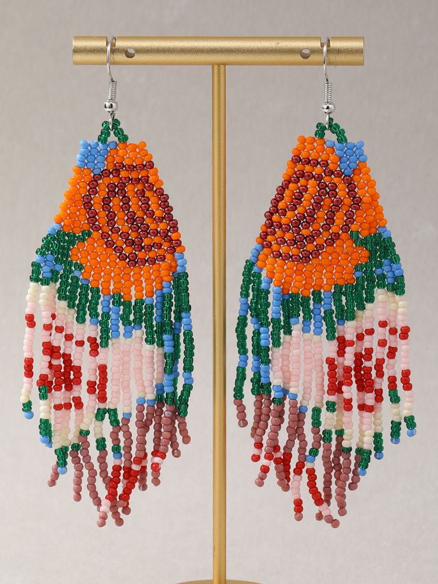 Bohemian Earrings for Women Long Bead Earring Handmade Weaving Statement Dangle Ear Studs With Oil Painting Style - Charlie Dolly