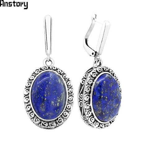 Natural Lapis Lazuli Earrings Snail Flower Pendant For Women Vintage Antique Silver Plated Fashion Jewelry Anniversary Gift - Charlie Dolly