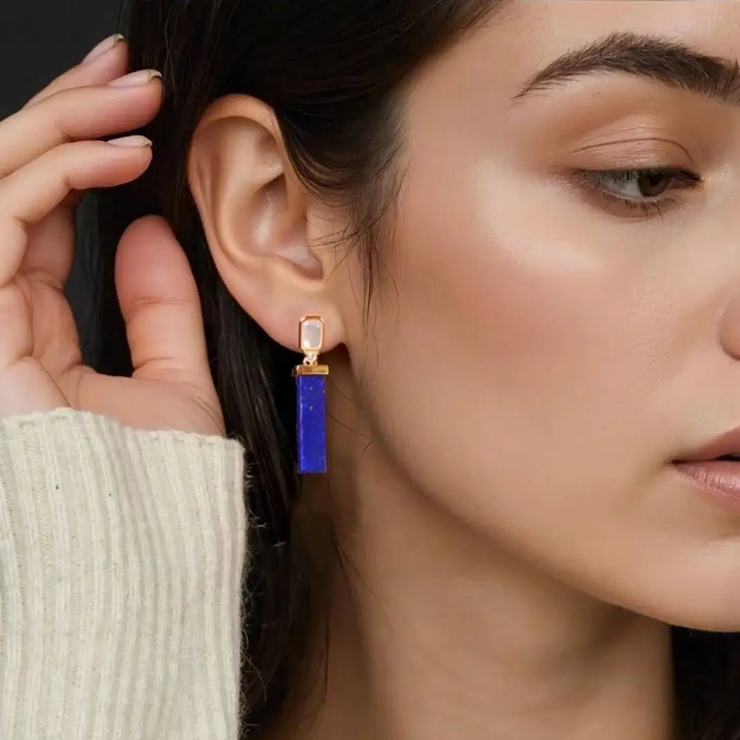 GEEZENCA 925 Silver Gold Plated Lapis Lazuli Bar Charm Dangle Drop Earrings Women CZ Geometric Oblong Simple Trendy Earring Gift