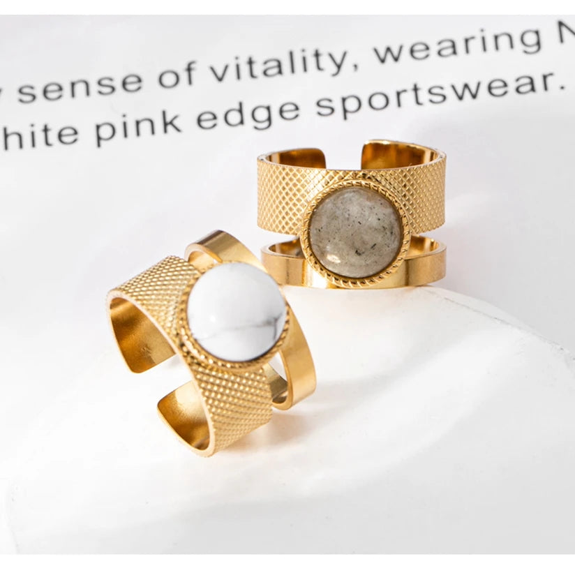 WILD & FREE Boho Stainless Steel Rings For Women Glamour Trendy Gold Color Inlaid Natural Stone Statement Jewelry - Charlie Dolly