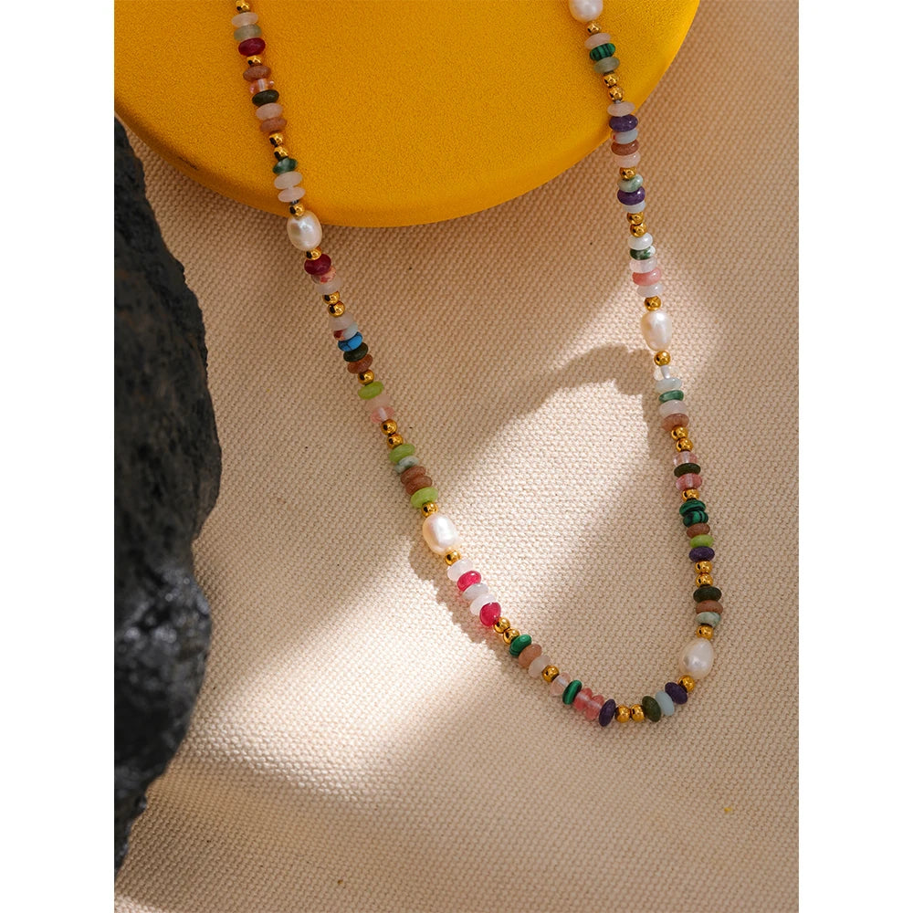 Yhpup Y2K Natural Pearl Stone Colorful Handmade Boho Necklace Women Stainless Steel Aesthetic Gold Color Fashion Jewelry