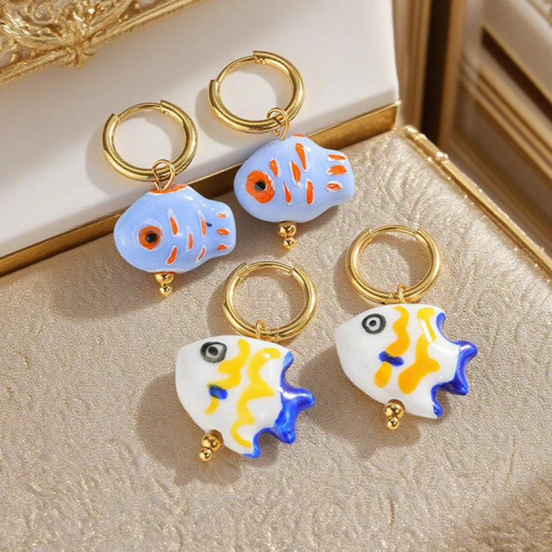 Boho Ceramic Earrings With Handmade Designs Stainless Steel Colorful Fish/Flower Motifs Ear Hoops Trendy Women's Accessories
