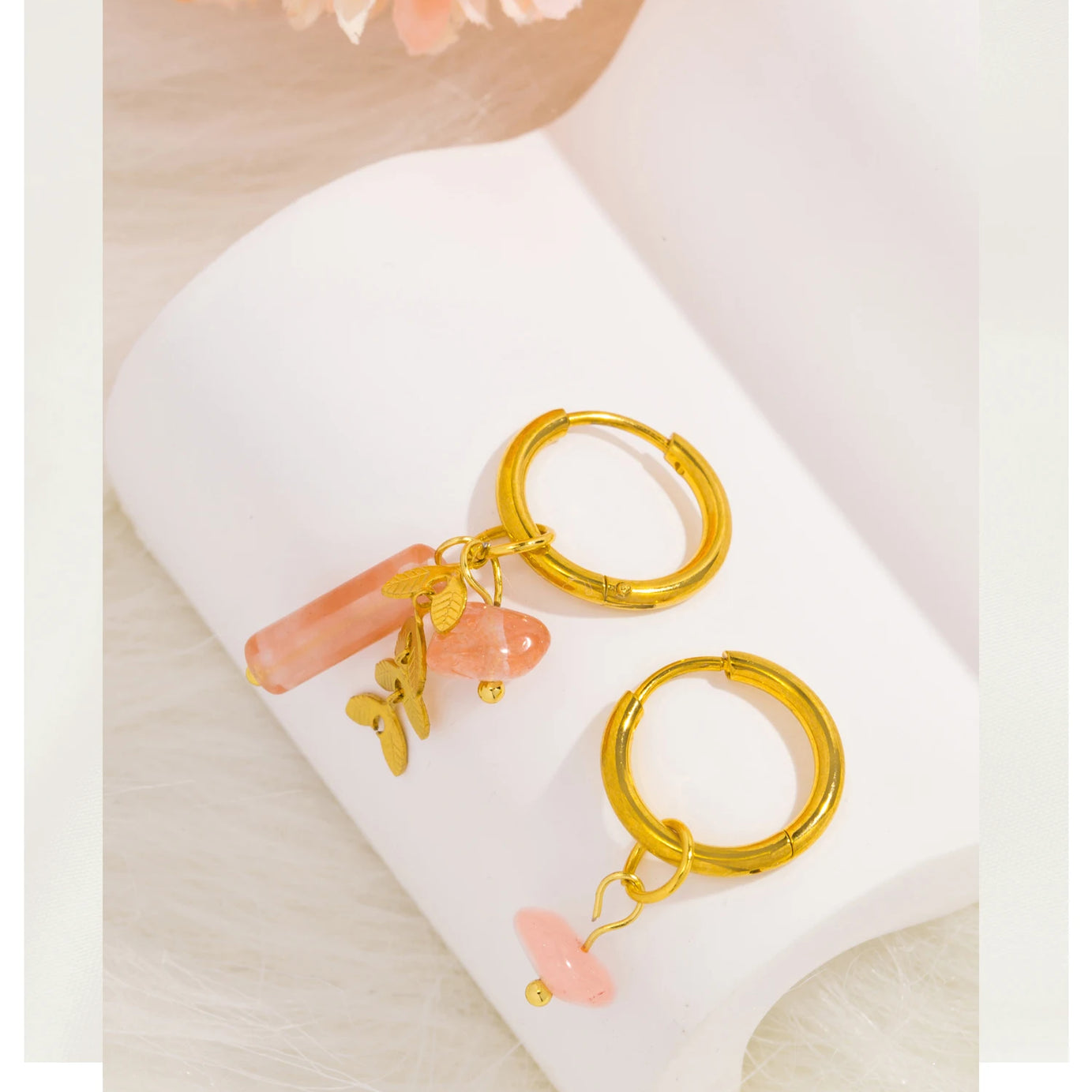 Pink Natural Stone Hoop Drop Earrings, 18K Gold Stainless Steel Boho Jewelry
