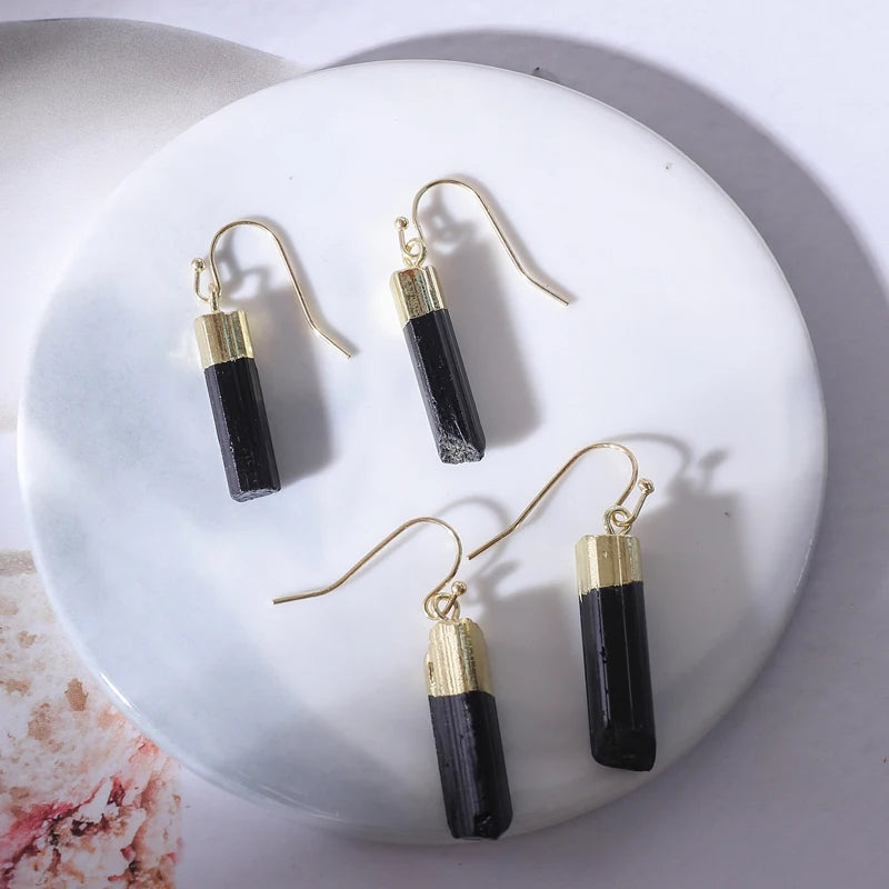 Gemstone ornaments Irregular Raw Black Tourmaline Natural Stone Crystal Healing Drop Earrings Vintage earrings Fashion earrings