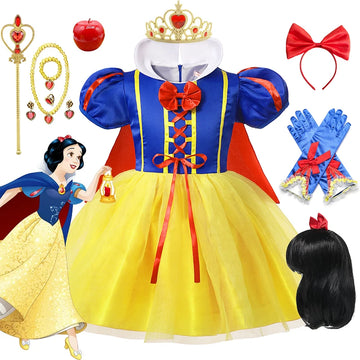 Disney Snow White Princess Dress Kids Girl Costume With Cape Headwear Halloween Carnival Birthday Party Cosplay Children Clothes