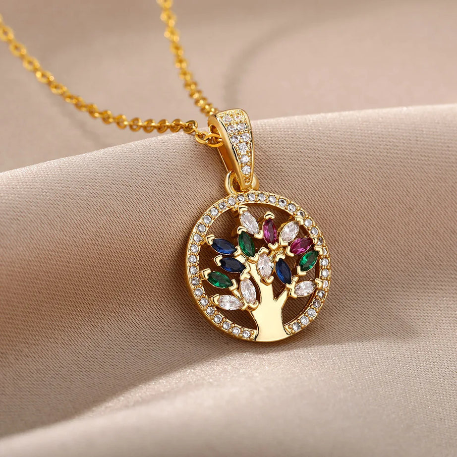 Tree of Life Pendant Necklace, Stainless Steel Long Chain Sacred Geometry Talisman