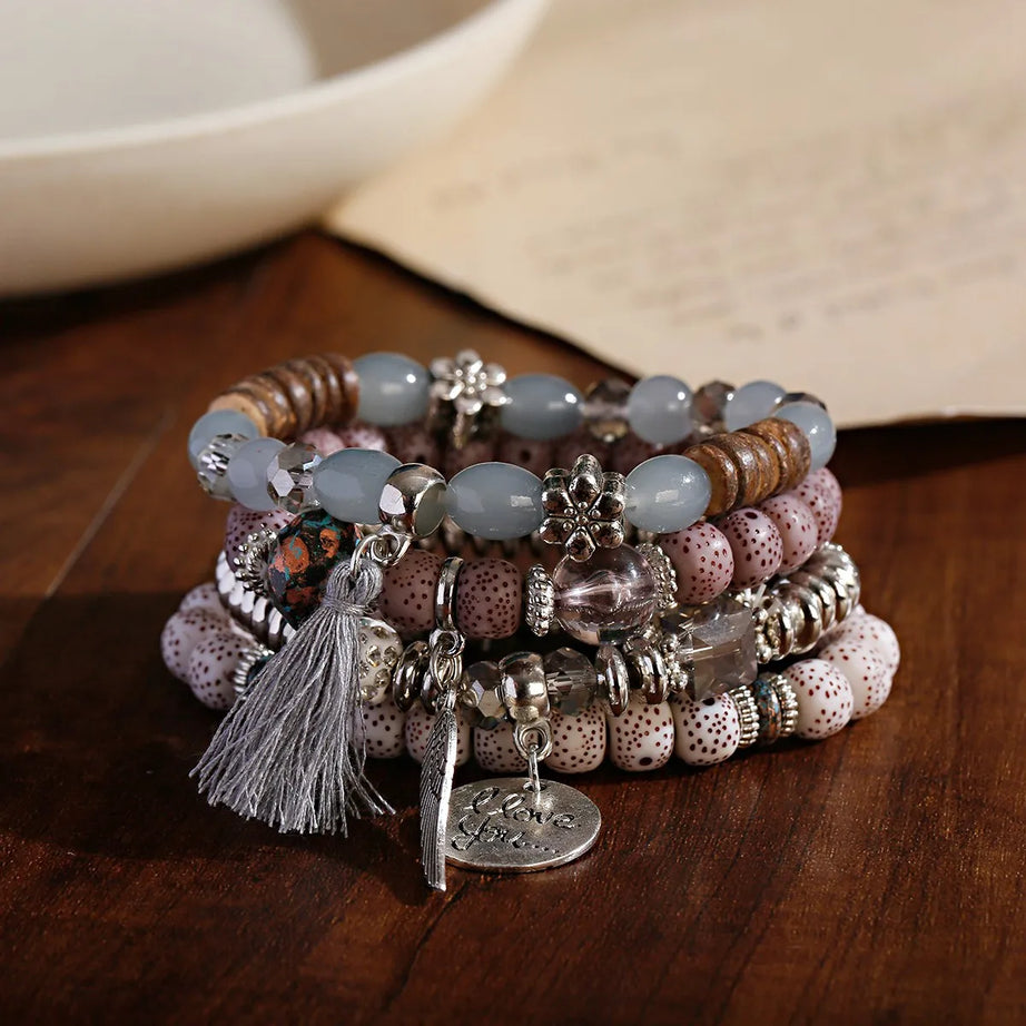New Bohemian White Beads Tassel Bracelets Set Women Natural Lava Stone Alloy Wing Pendant Charm Bangle Boho Jewelry - Charlie Dolly