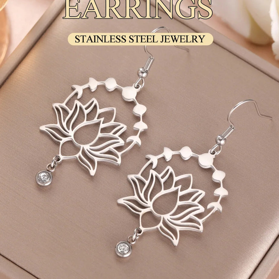Moon Phase Lotus Dangle Earrings